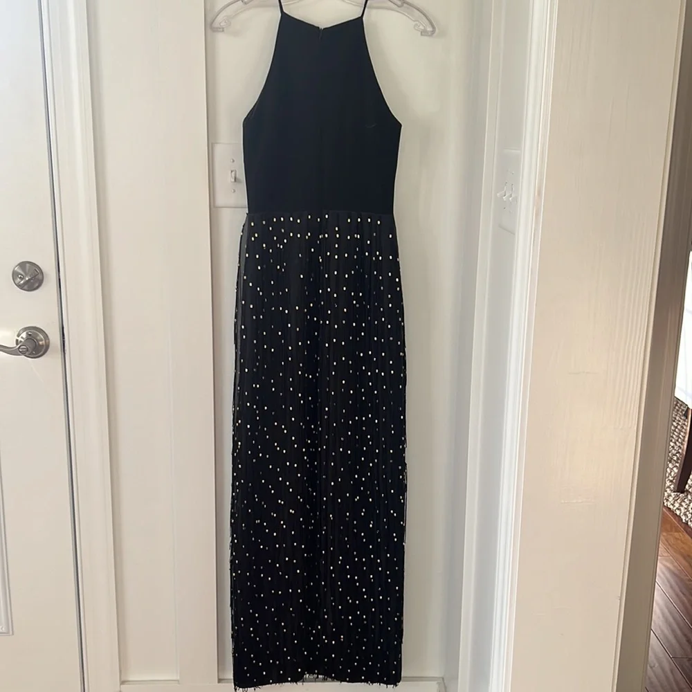 Badgley Mischka Sleeveless Beaded Fringe Column Gown Black/Gold Size 0 - Picture 3 of 11